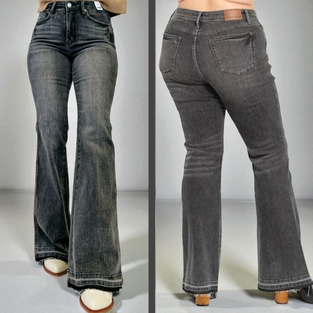 Judy Blue Gray Mid Rise Tummy Control Release Hem Flare Jeans 13/31 NWT